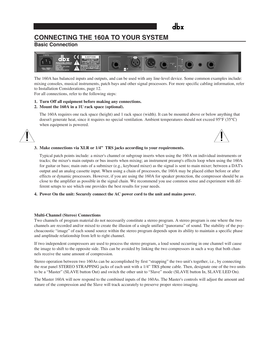 Connecting the 160a to your system, Basic connection | dbx Pro 160A User Manual | Page 12 / 20