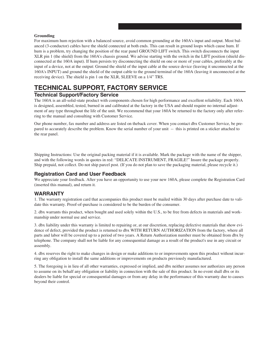 Technical support, factory service | dbx Pro 160A User Manual | Page 15 / 20