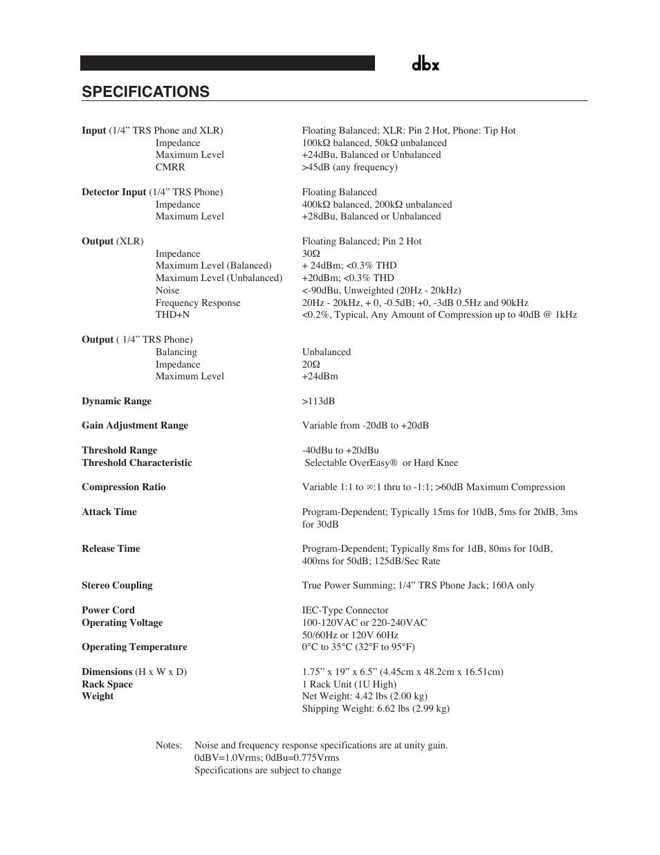 Specifications | dbx Pro 160A User Manual | Page 16 / 20