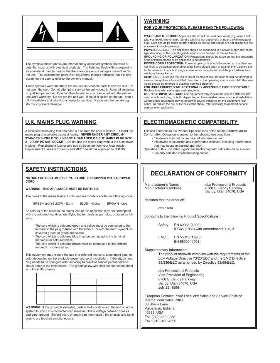 Declaration of conformity, Warning, Safety instructions | U.k. mains plug warning, Electromagnetic compatibility | dbx Pro 160A User Manual | Page 2 / 20