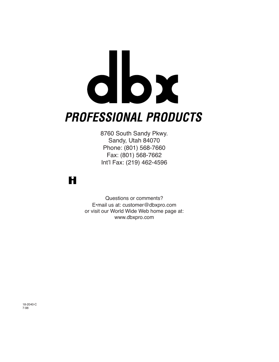 A harman international company | dbx Pro 160A User Manual | Page 20 / 20