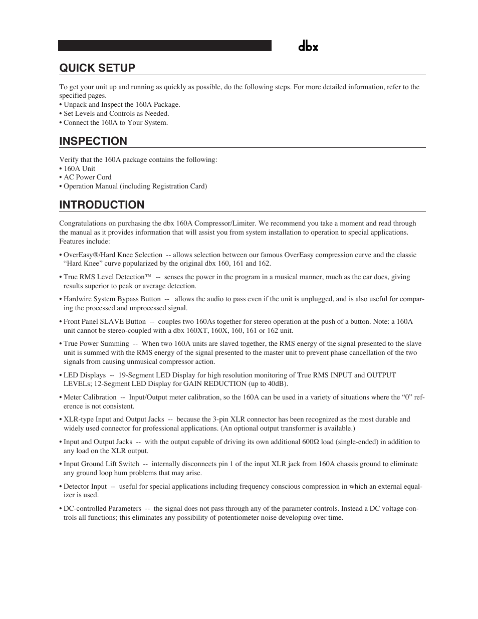 Quick setup, Inspection, Introduction | dbx Pro 160A User Manual | Page 4 / 20