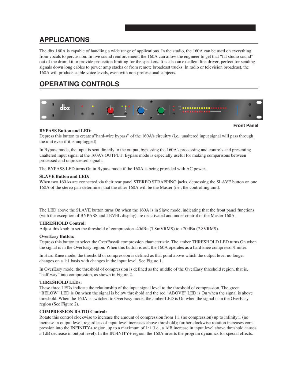 Applications, Operating controls, 1 6 0 a | dbx Pro 160A User Manual | Page 5 / 20