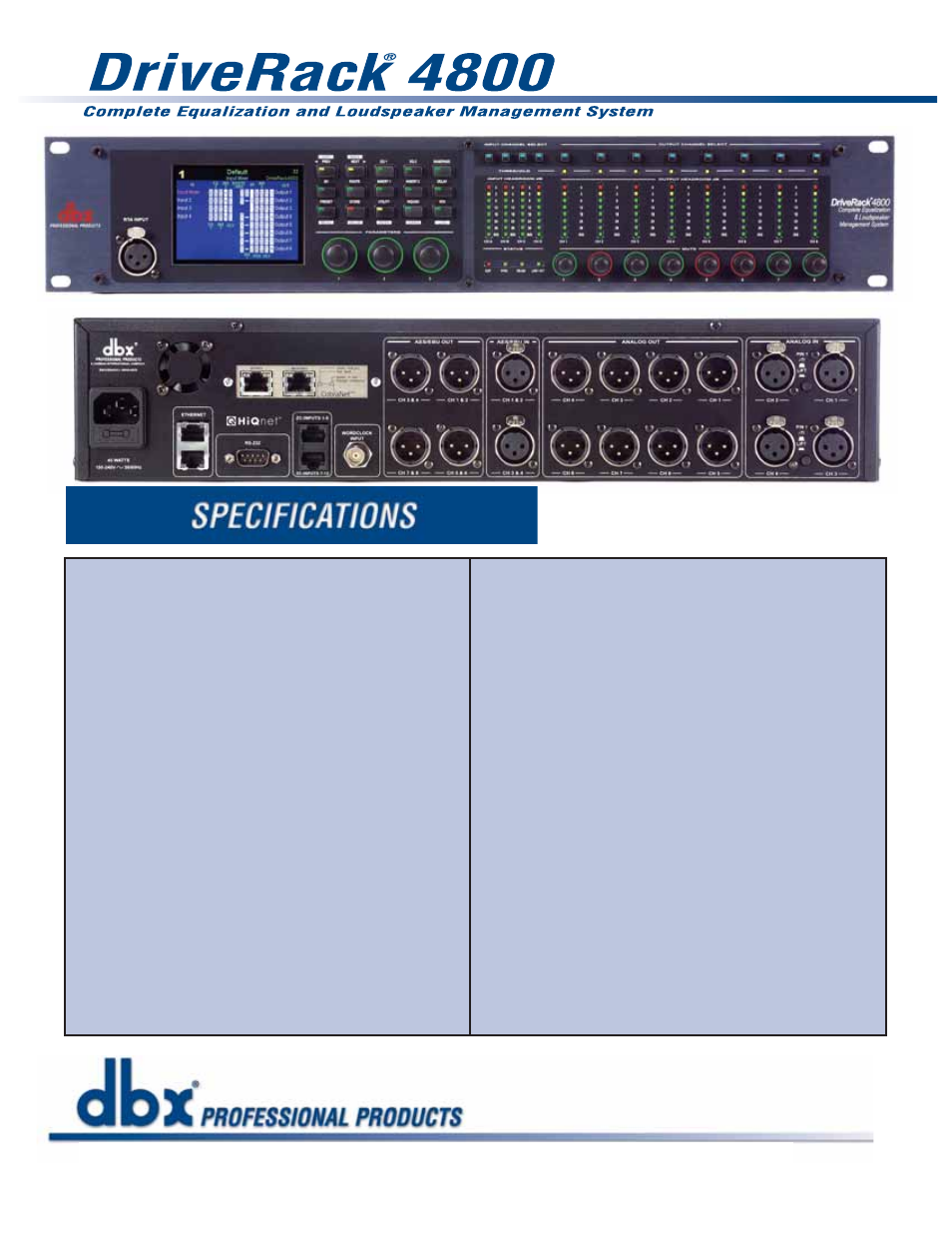 The professional’s choice in signal processing | dbx Pro DriveRack 4800 User Manual | Page 2 / 2