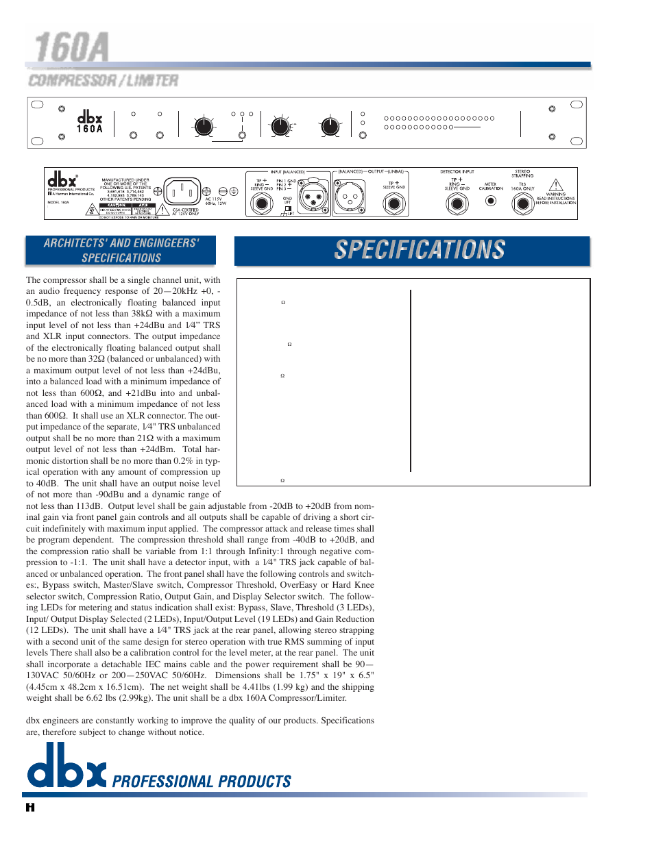 160a, Compressor / limiter | dbx Pro Visionary Design 160A User Manual | Page 2 / 2