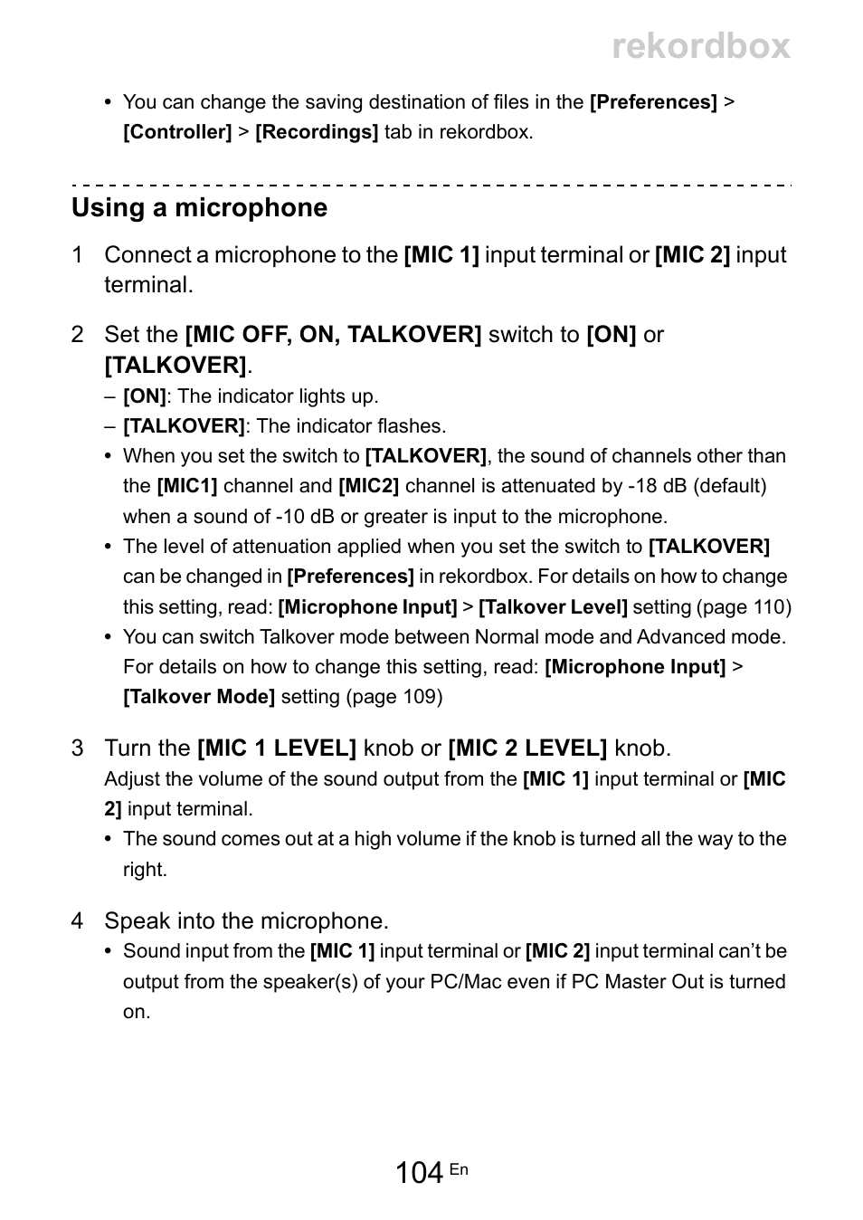 Rekordbox, Using a microphone | Pioneer Dj DDJ-FLX10 4-Channel DJ Controller for rekordbox and Serato DJ Pro (Black) User Manual | Page 104 / 183