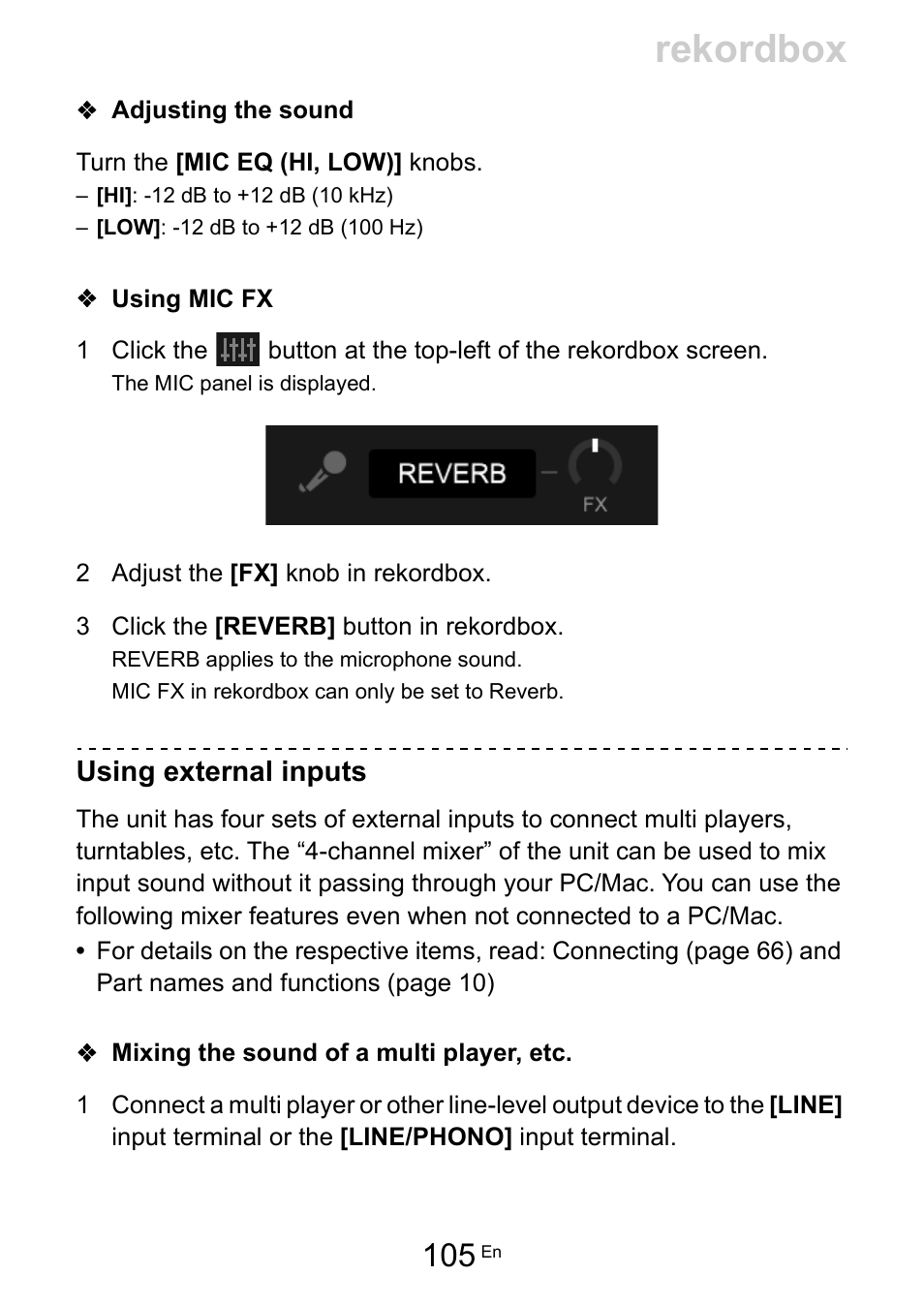 Rekordbox, Using external inputs | Pioneer Dj DDJ-FLX10 4-Channel DJ Controller for rekordbox and Serato DJ Pro (Black) User Manual | Page 105 / 183