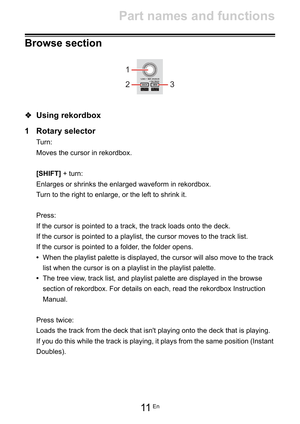 Browse section, Part names and functions | Pioneer Dj DDJ-FLX10 4-Channel DJ Controller for rekordbox and Serato DJ Pro (Black) User Manual | Page 11 / 183