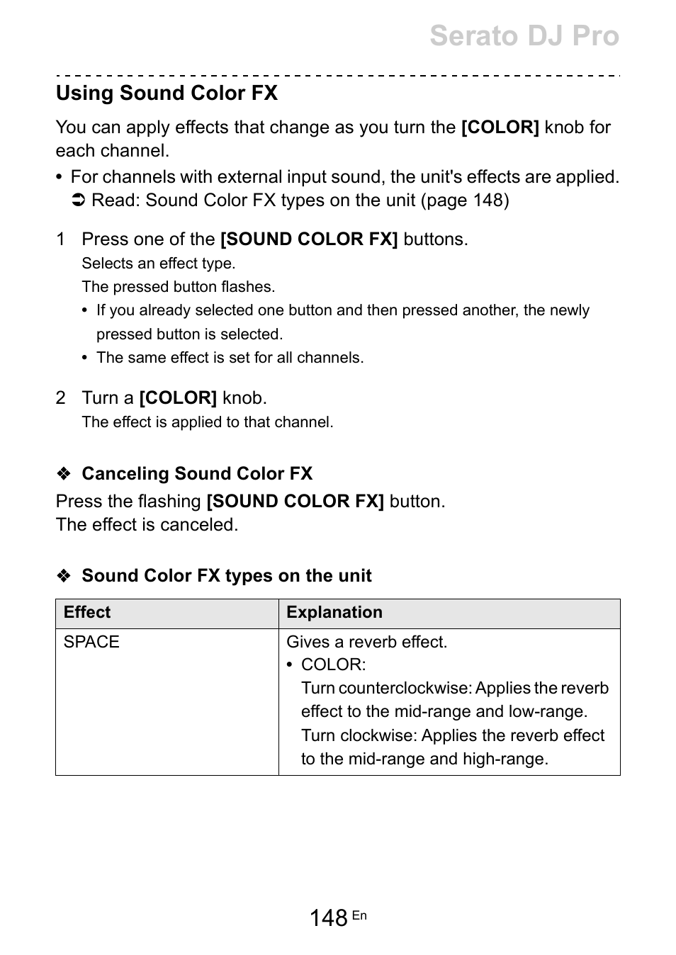 Serato dj pro, Using sound color fx | Pioneer Dj DDJ-FLX10 4-Channel DJ Controller for rekordbox and Serato DJ Pro (Black) User Manual | Page 148 / 183