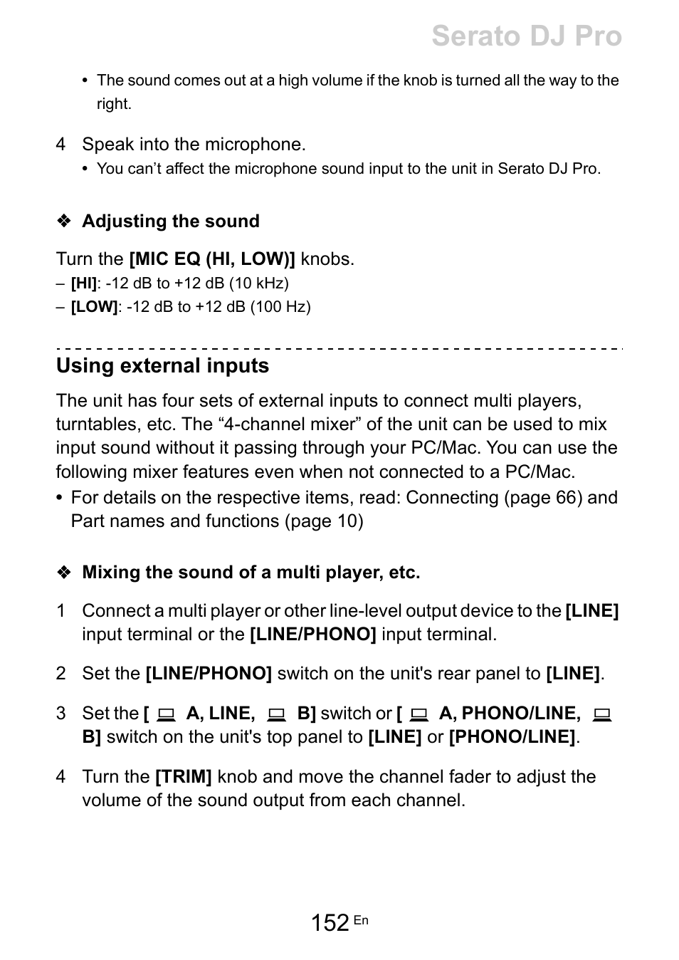 Serato dj pro, Using external inputs | Pioneer Dj DDJ-FLX10 4-Channel DJ Controller for rekordbox and Serato DJ Pro (Black) User Manual | Page 152 / 183