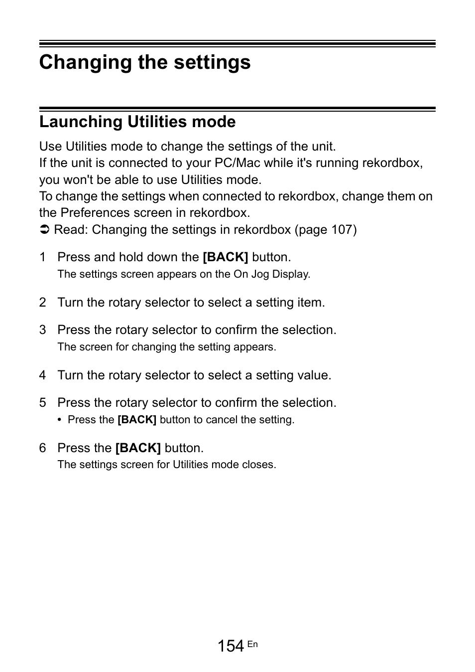 Changing the settings, Launching utilities mode | Pioneer Dj DDJ-FLX10 4-Channel DJ Controller for rekordbox and Serato DJ Pro (Black) User Manual | Page 154 / 183
