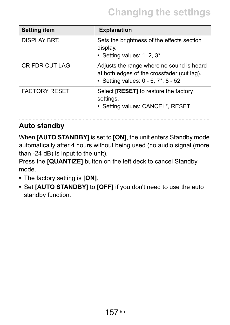 Changing the settings, Auto standby | Pioneer Dj DDJ-FLX10 4-Channel DJ Controller for rekordbox and Serato DJ Pro (Black) User Manual | Page 157 / 183