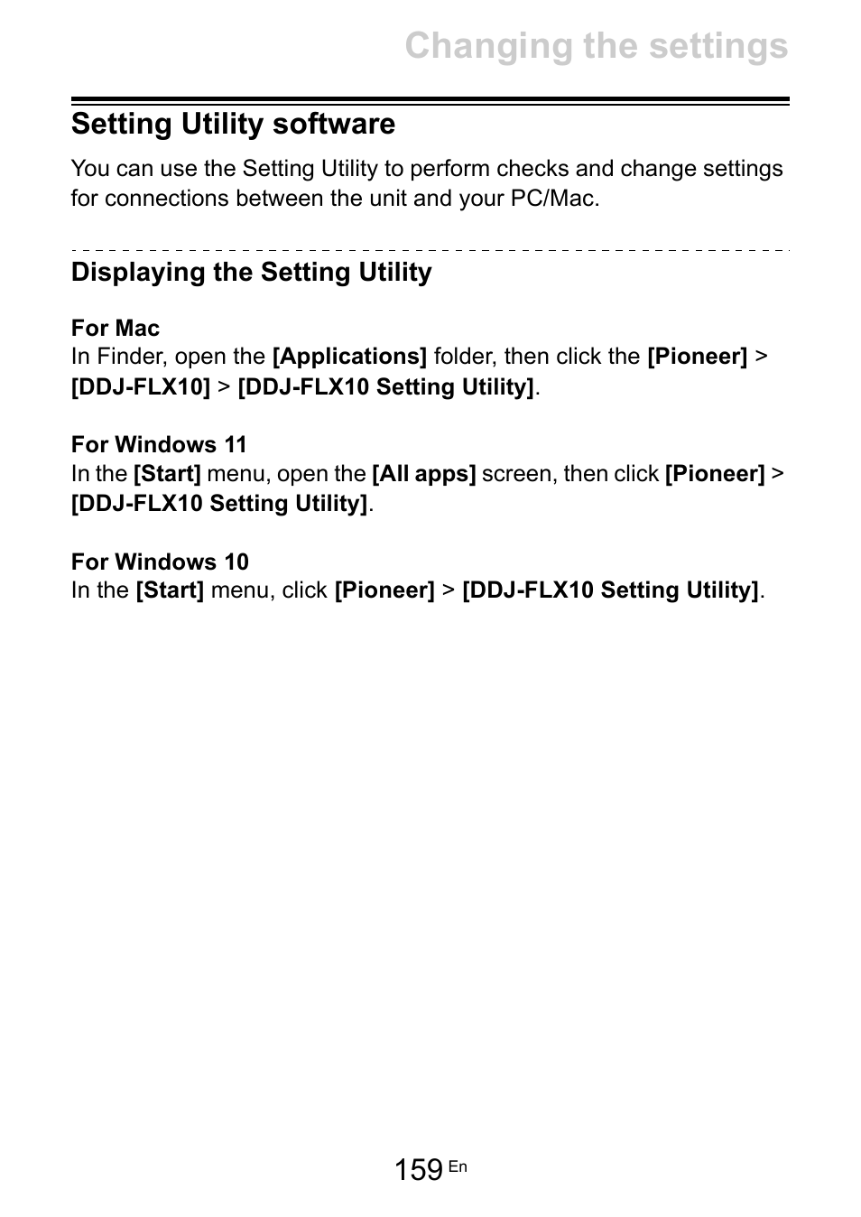 Setting utility software, Changing the settings | Pioneer Dj DDJ-FLX10 4-Channel DJ Controller for rekordbox and Serato DJ Pro (Black) User Manual | Page 159 / 183