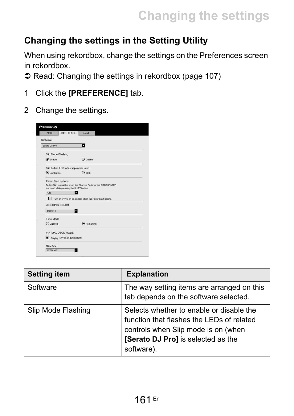 Changing the settings, Changing the settings in the setting utility | Pioneer Dj DDJ-FLX10 4-Channel DJ Controller for rekordbox and Serato DJ Pro (Black) User Manual | Page 161 / 183