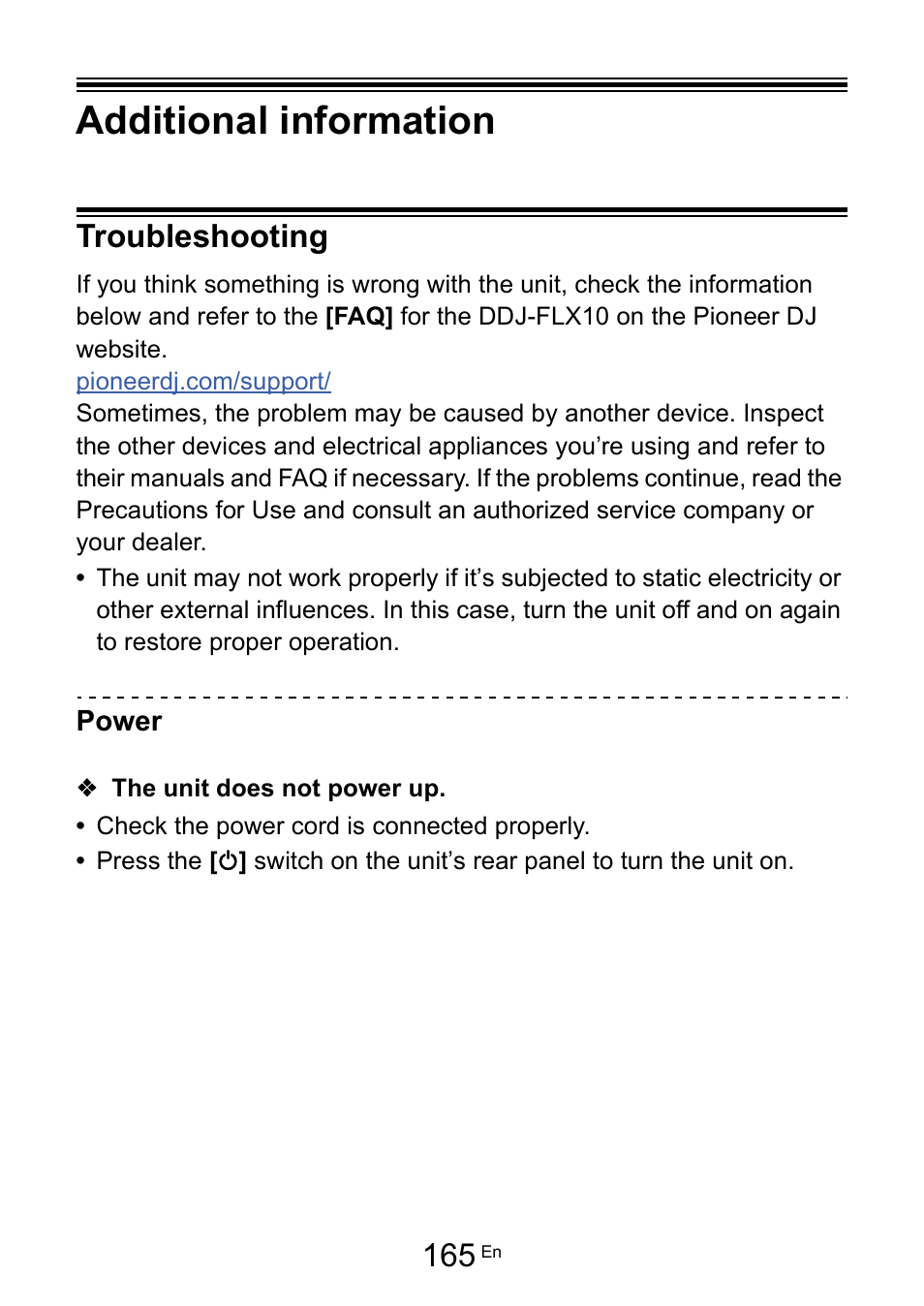 Additional information, Troubleshooting | Pioneer Dj DDJ-FLX10 4-Channel DJ Controller for rekordbox and Serato DJ Pro (Black) User Manual | Page 165 / 183