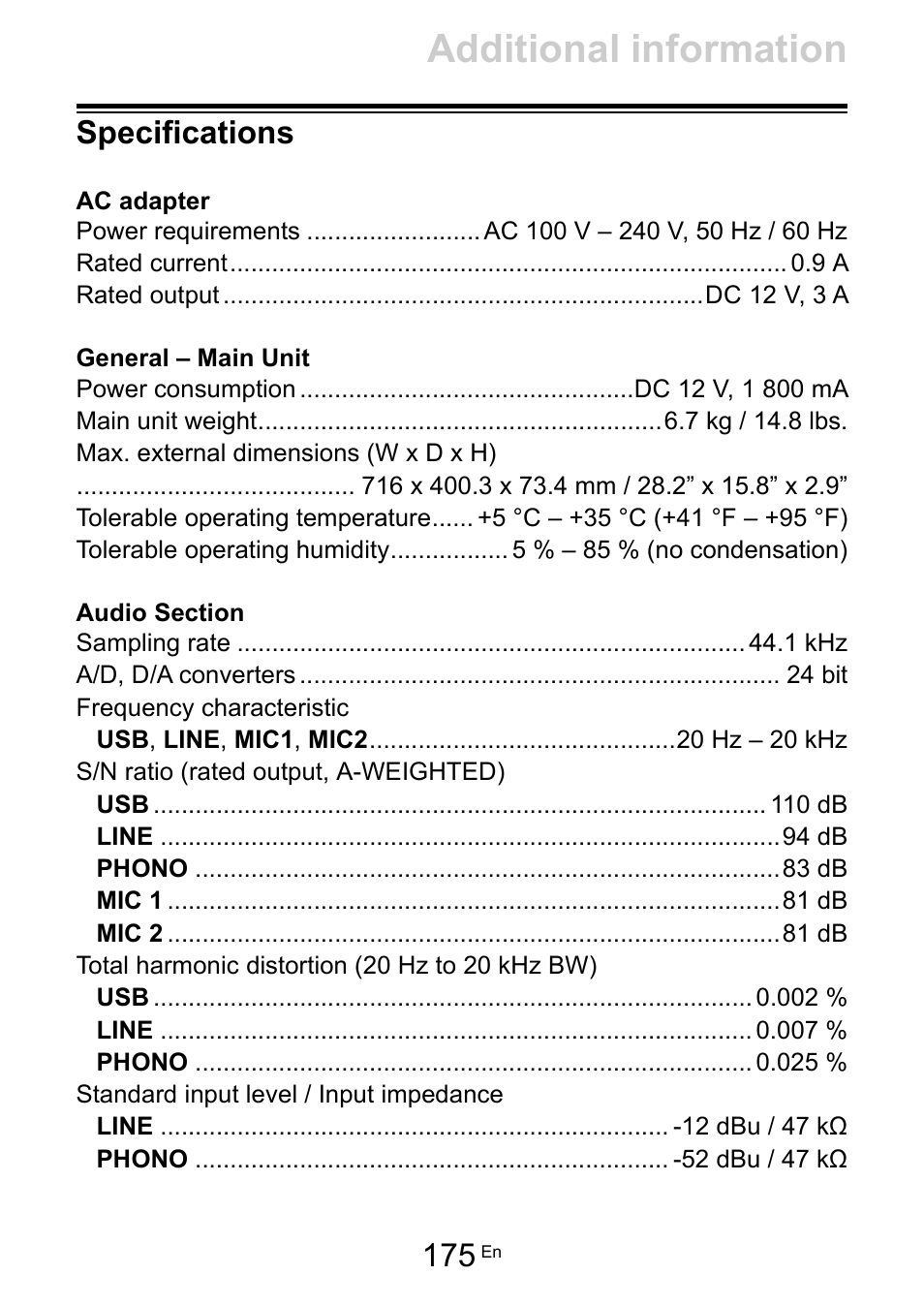 Specifications, Additional information | Pioneer Dj DDJ-FLX10 4-Channel DJ Controller for rekordbox and Serato DJ Pro (Black) User Manual | Page 175 / 183