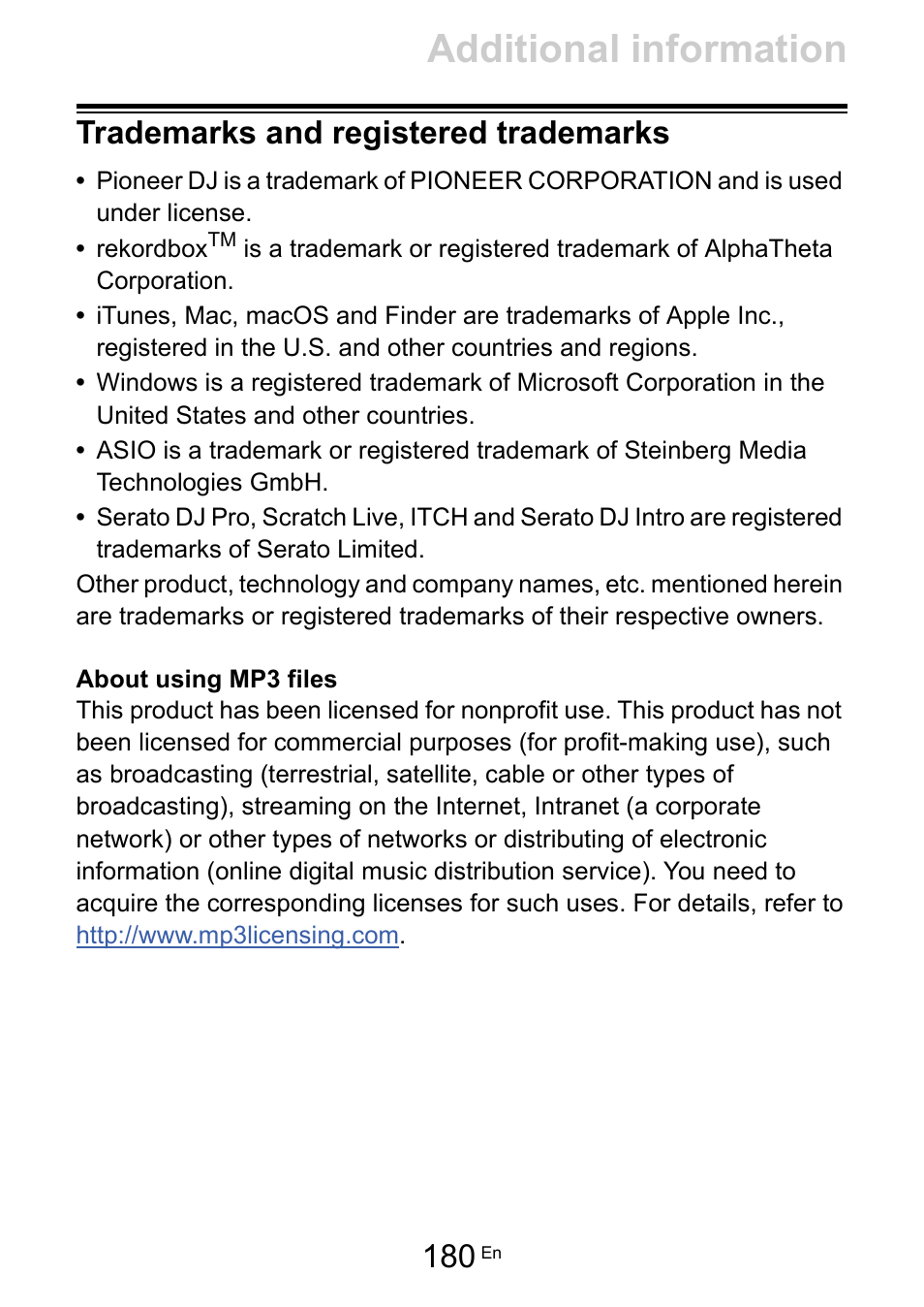 Trademarks and registered trademarks, Additional information | Pioneer Dj DDJ-FLX10 4-Channel DJ Controller for rekordbox and Serato DJ Pro (Black) User Manual | Page 180 / 183