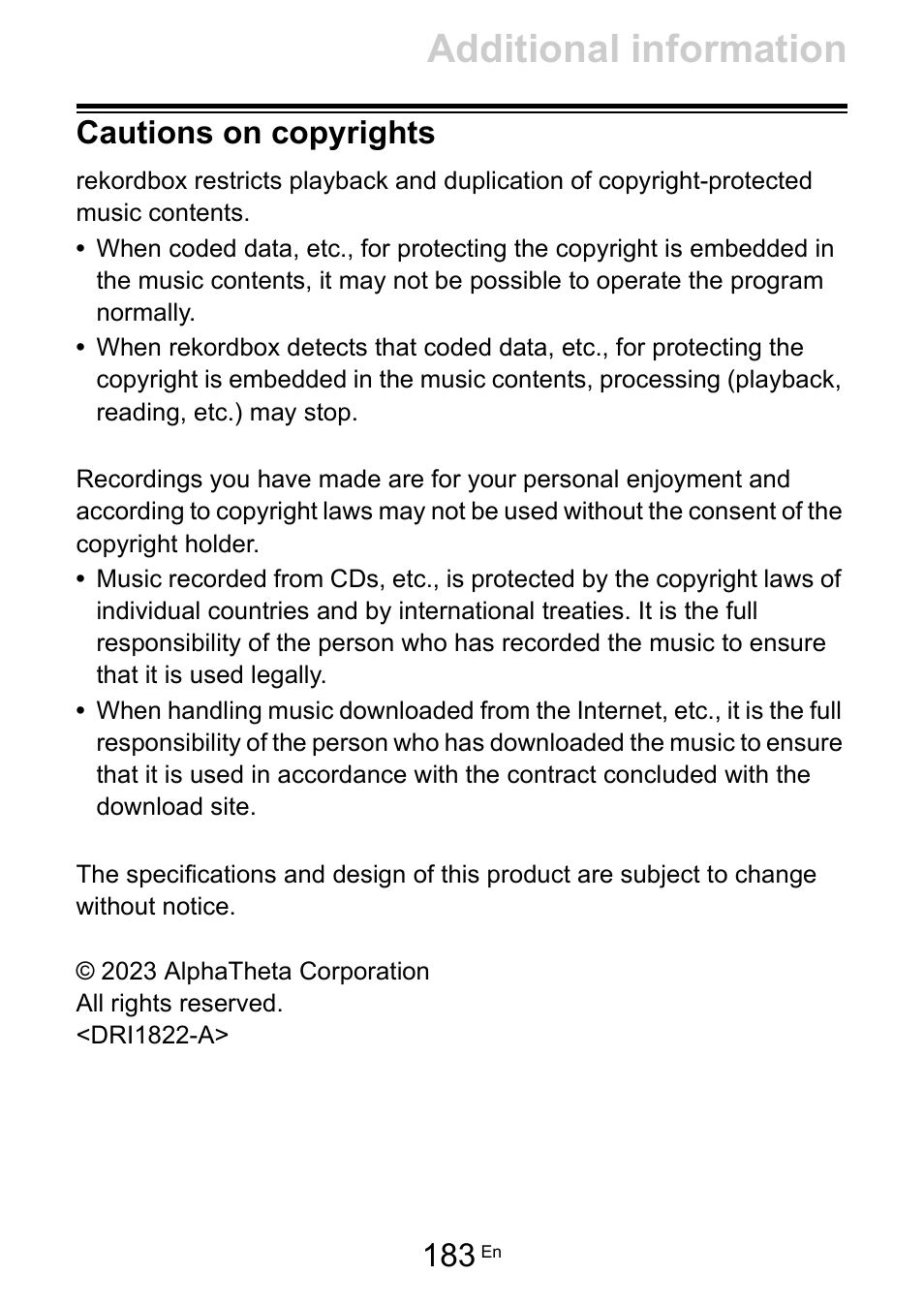 Cautions on copyrights, Additional information | Pioneer Dj DDJ-FLX10 4-Channel DJ Controller for rekordbox and Serato DJ Pro (Black) User Manual | Page 183 / 183
