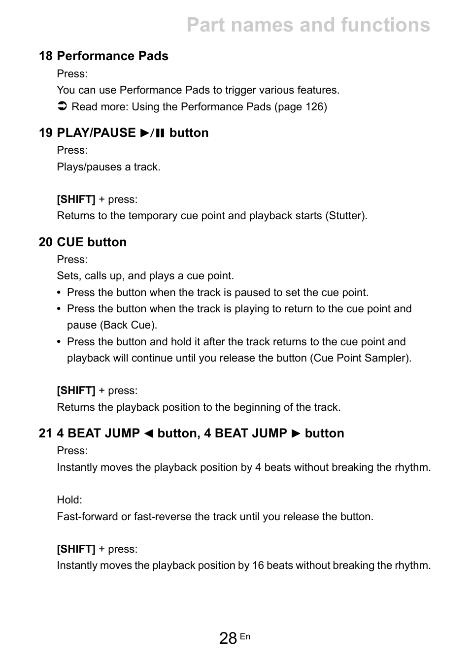 Part names and functions | Pioneer Dj DDJ-FLX10 4-Channel DJ Controller for rekordbox and Serato DJ Pro (Black) User Manual | Page 28 / 183
