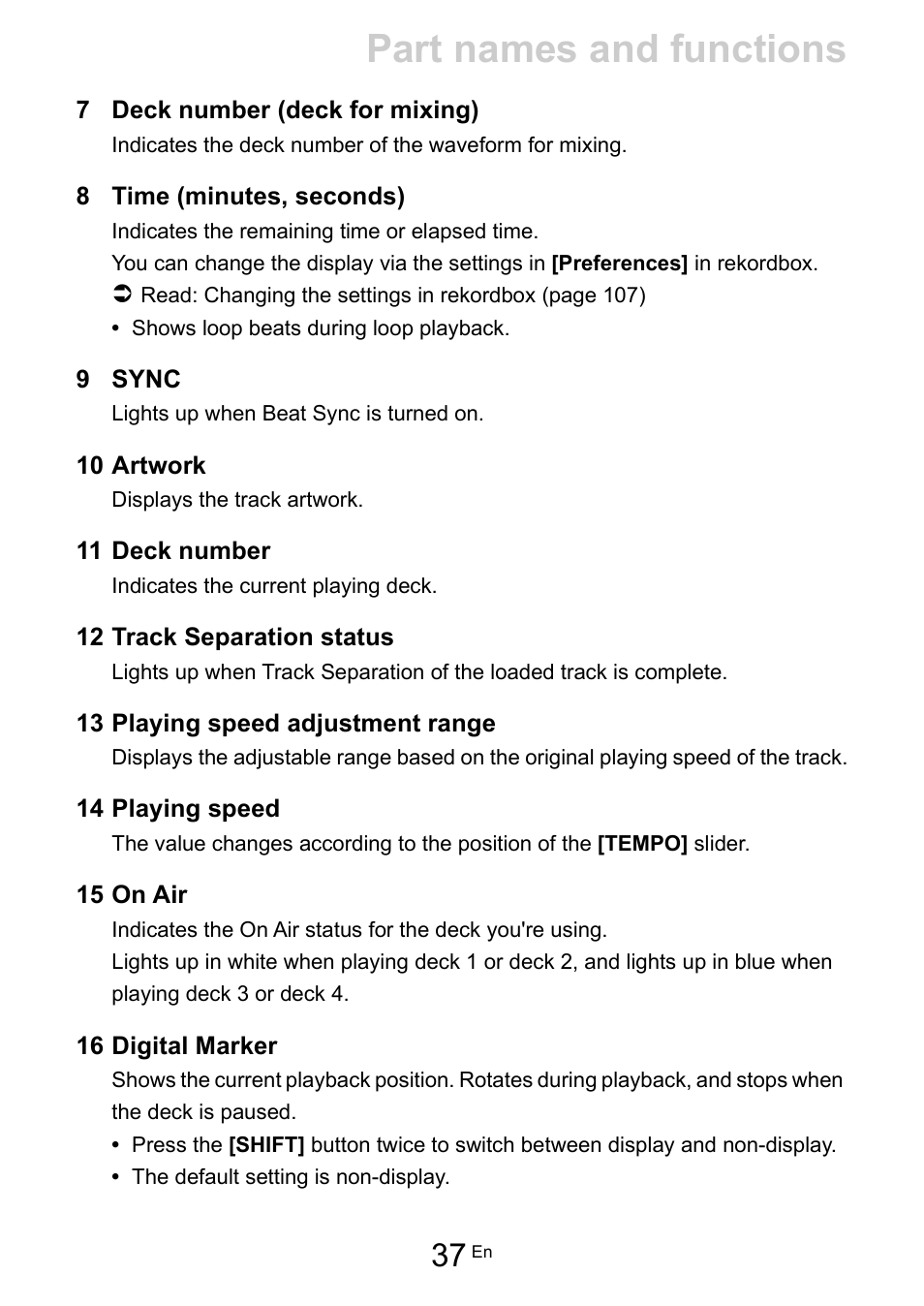 Part names and functions | Pioneer Dj DDJ-FLX10 4-Channel DJ Controller for rekordbox and Serato DJ Pro (Black) User Manual | Page 37 / 183