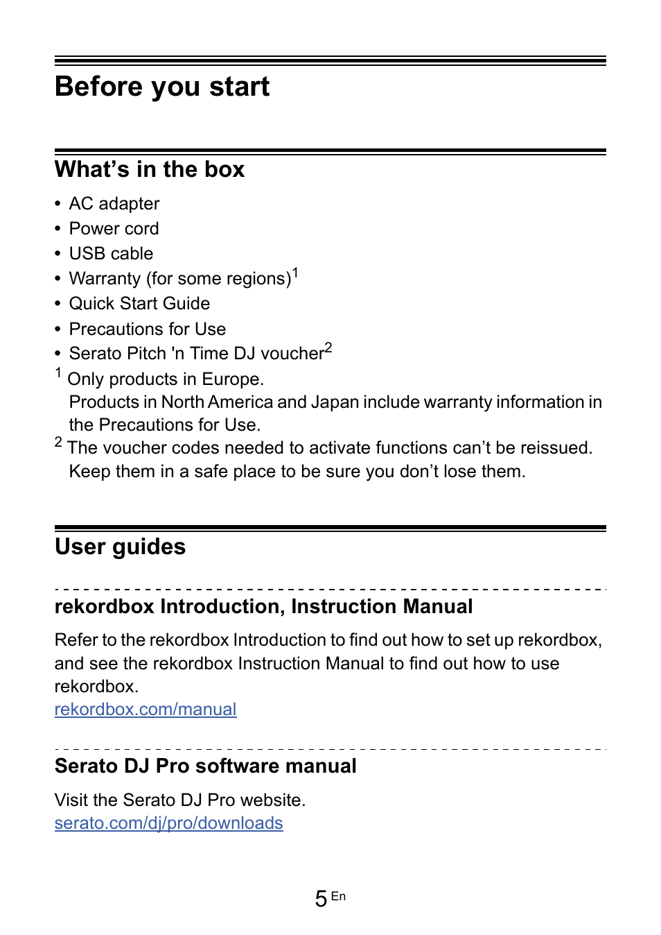 Before you start, What’s in the box, User guides | What’s in the box user guides | Pioneer Dj DDJ-FLX10 4-Channel DJ Controller for rekordbox and Serato DJ Pro (Black) User Manual | Page 5 / 183