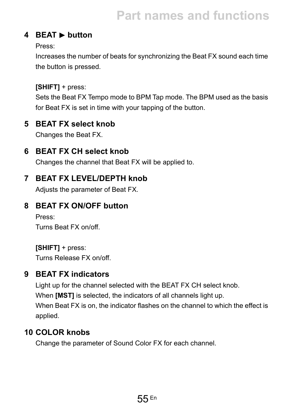 Part names and functions | Pioneer Dj DDJ-FLX10 4-Channel DJ Controller for rekordbox and Serato DJ Pro (Black) User Manual | Page 55 / 183