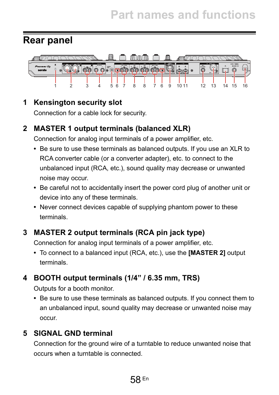 Rear panel, Part names and functions, 1 kensington security slot | 2 master 1 output terminals (balanced xlr), 3 master 2 output terminals (rca pin jack type), 5 signal gnd terminal | Pioneer Dj DDJ-FLX10 4-Channel DJ Controller for rekordbox and Serato DJ Pro (Black) User Manual | Page 58 / 183