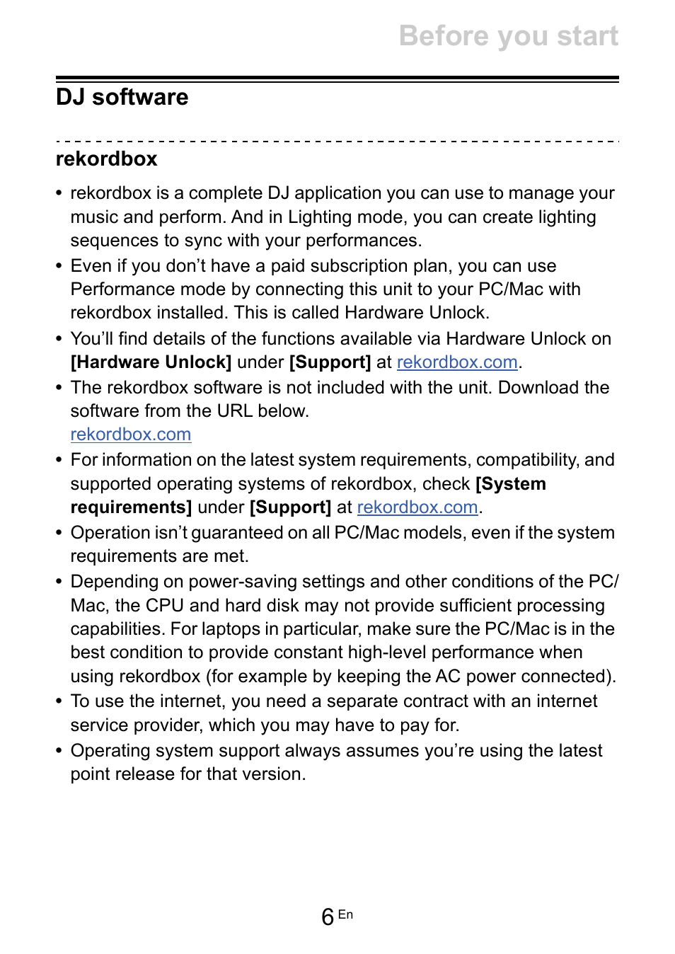 Dj software, Before you start | Pioneer Dj DDJ-FLX10 4-Channel DJ Controller for rekordbox and Serato DJ Pro (Black) User Manual | Page 6 / 183