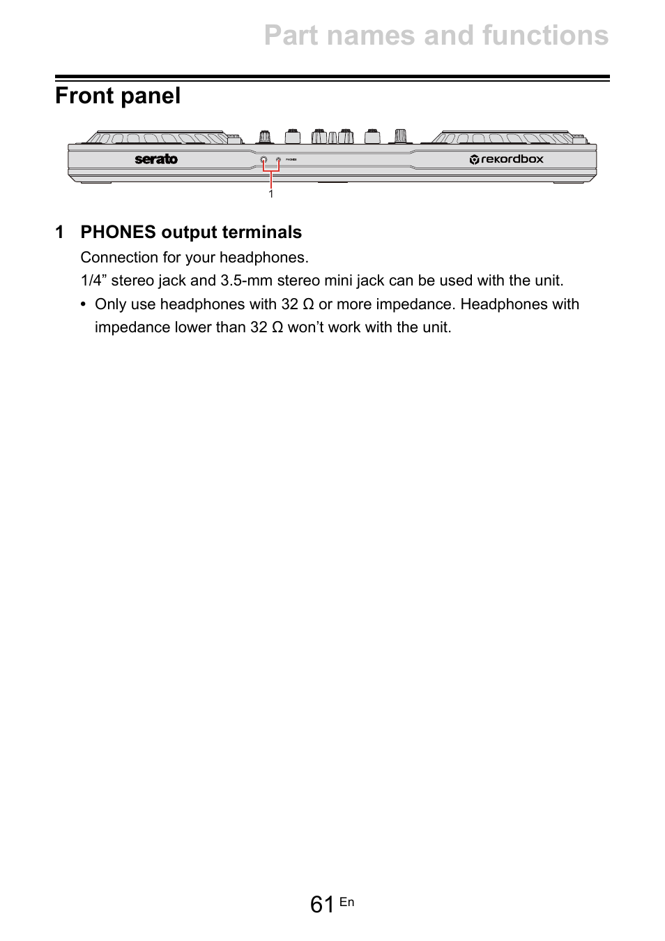 Front panel, Part names and functions | Pioneer Dj DDJ-FLX10 4-Channel DJ Controller for rekordbox and Serato DJ Pro (Black) User Manual | Page 61 / 183
