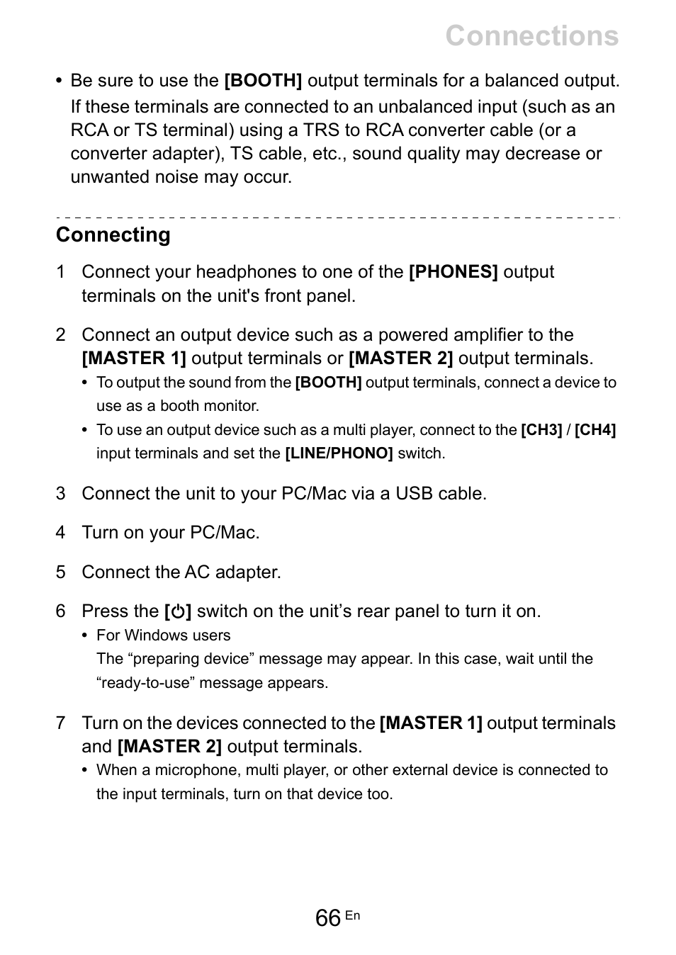 Connections, Connecting | Pioneer Dj DDJ-FLX10 4-Channel DJ Controller for rekordbox and Serato DJ Pro (Black) User Manual | Page 66 / 183