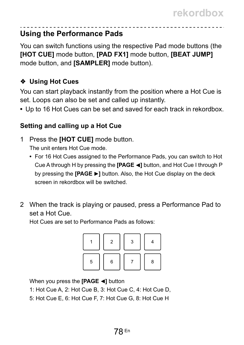 Rekordbox, Using the performance pads | Pioneer Dj DDJ-FLX10 4-Channel DJ Controller for rekordbox and Serato DJ Pro (Black) User Manual | Page 78 / 183