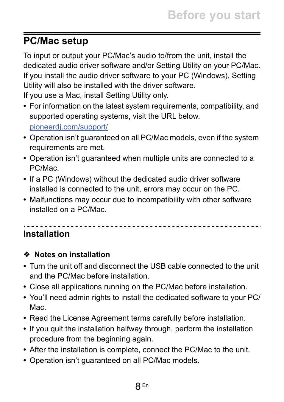 Pc/mac setup, Before you start | Pioneer Dj DDJ-FLX10 4-Channel DJ Controller for rekordbox and Serato DJ Pro (Black) User Manual | Page 8 / 183