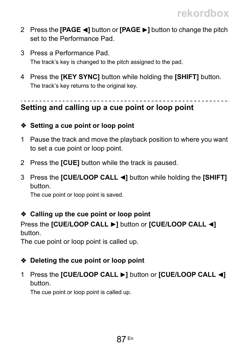 Rekordbox, Setting and calling up a cue point or loop point | Pioneer Dj DDJ-FLX10 4-Channel DJ Controller for rekordbox and Serato DJ Pro (Black) User Manual | Page 87 / 183