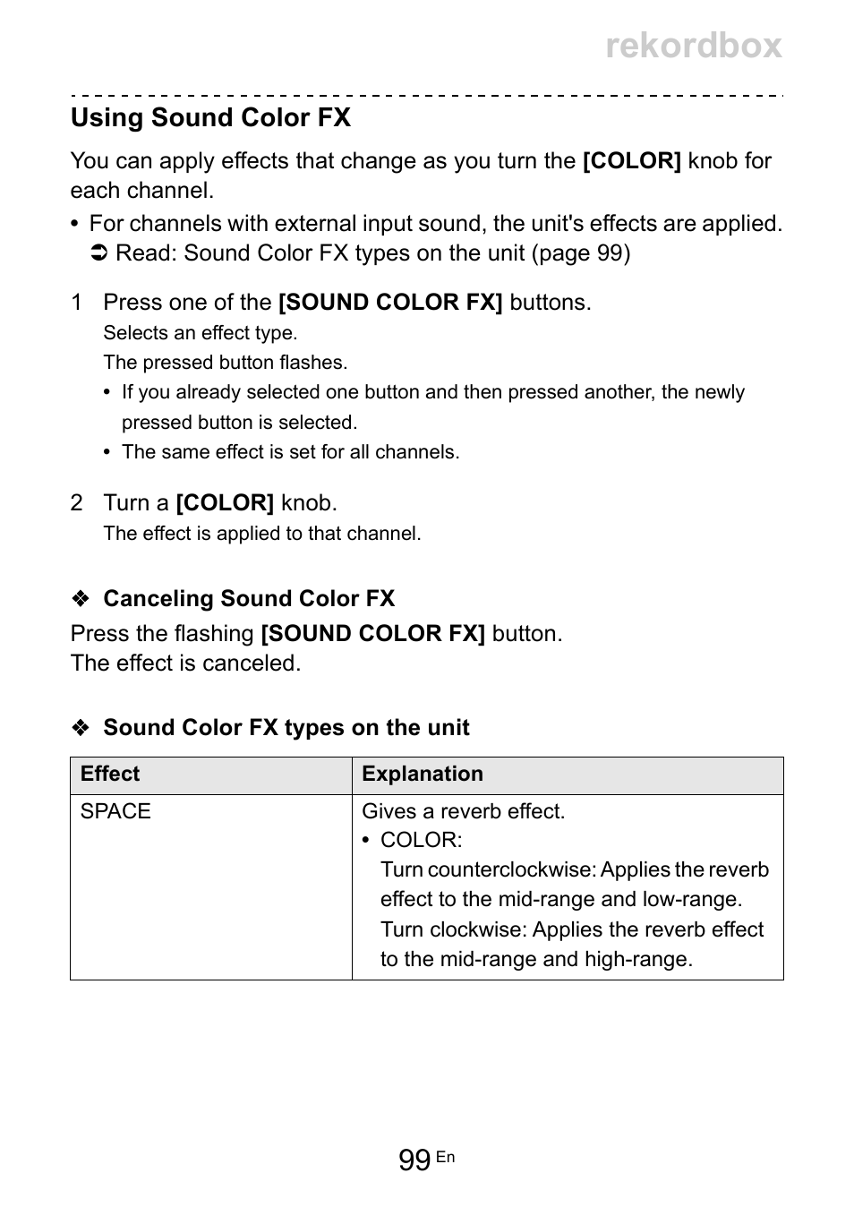 Rekordbox, Using sound color fx | Pioneer Dj DDJ-FLX10 4-Channel DJ Controller for rekordbox and Serato DJ Pro (Black) User Manual | Page 99 / 183