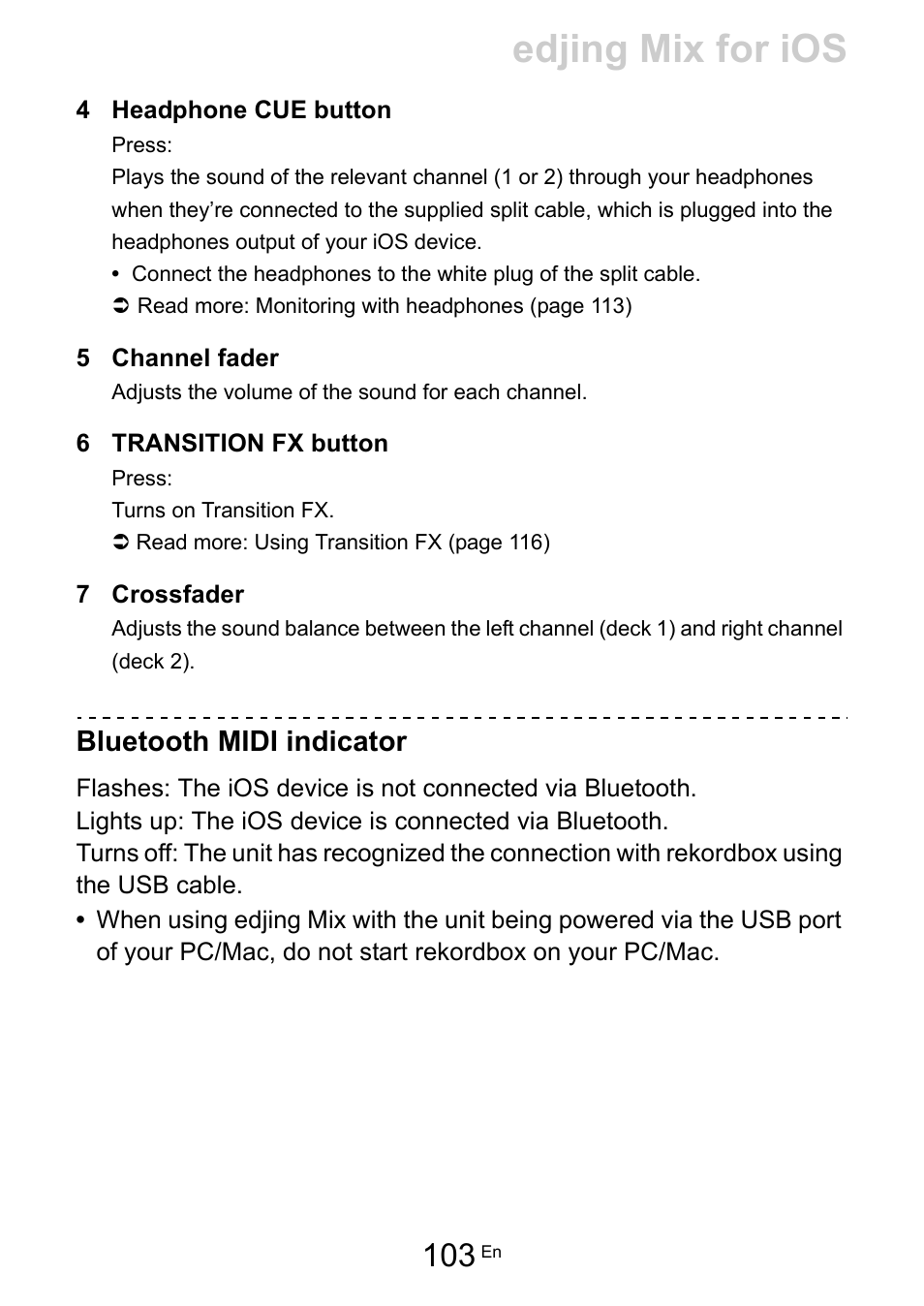 Edjing mix for ios, Bluetooth midi indicator | Pioneer Dj DDJ-200 SmDJ Controller for WeDJ and rekordbox User Manual | Page 103 / 181