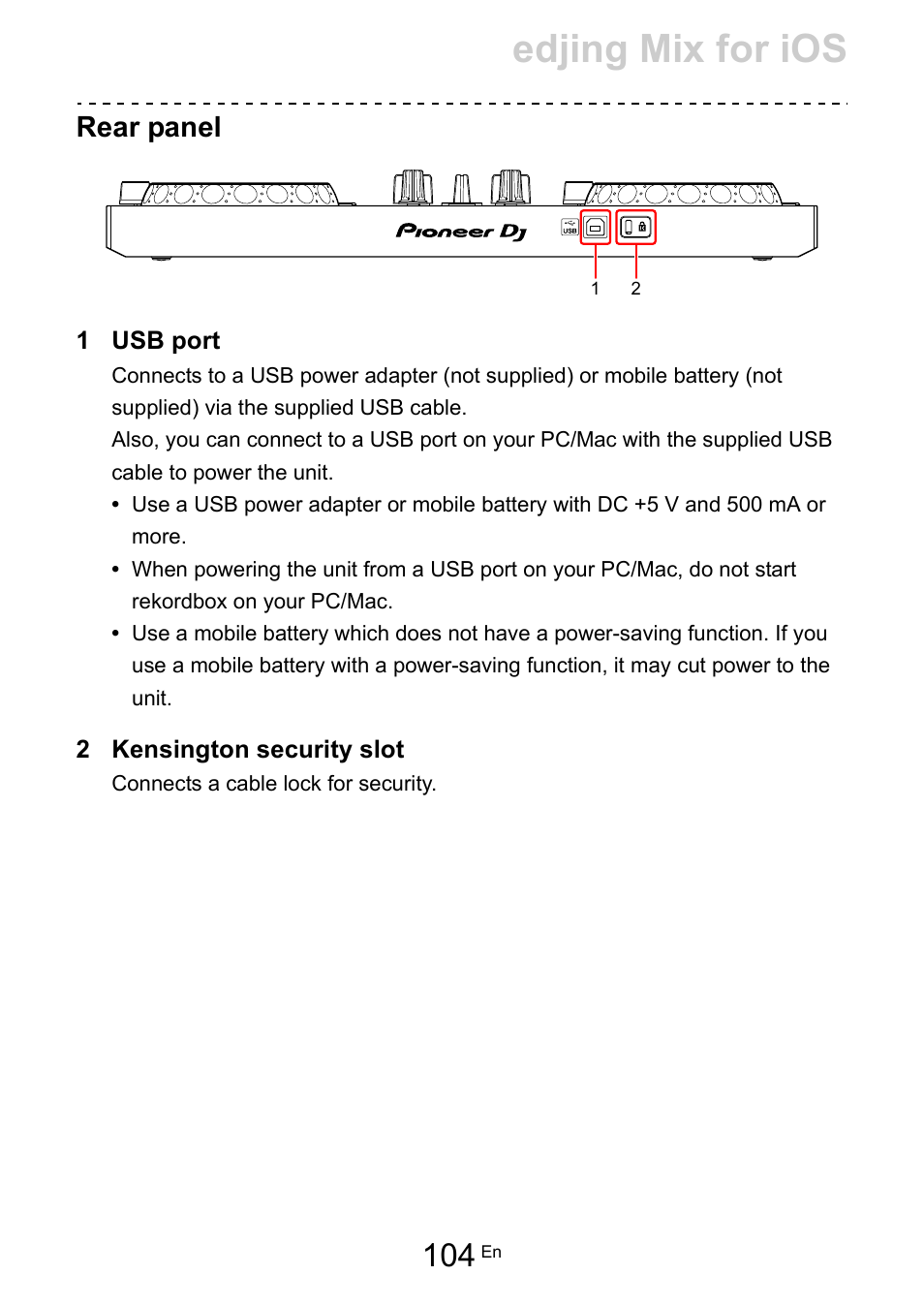 Edjing mix for ios, Rear panel | Pioneer Dj DDJ-200 SmDJ Controller for WeDJ and rekordbox User Manual | Page 104 / 181