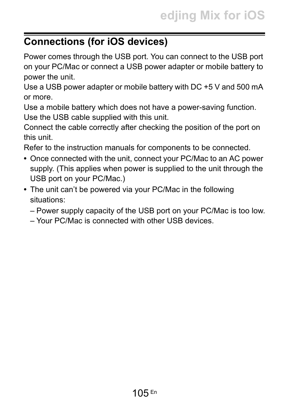 Connections (for ios devices), Edjing mix for ios | Pioneer Dj DDJ-200 SmDJ Controller for WeDJ and rekordbox User Manual | Page 105 / 181