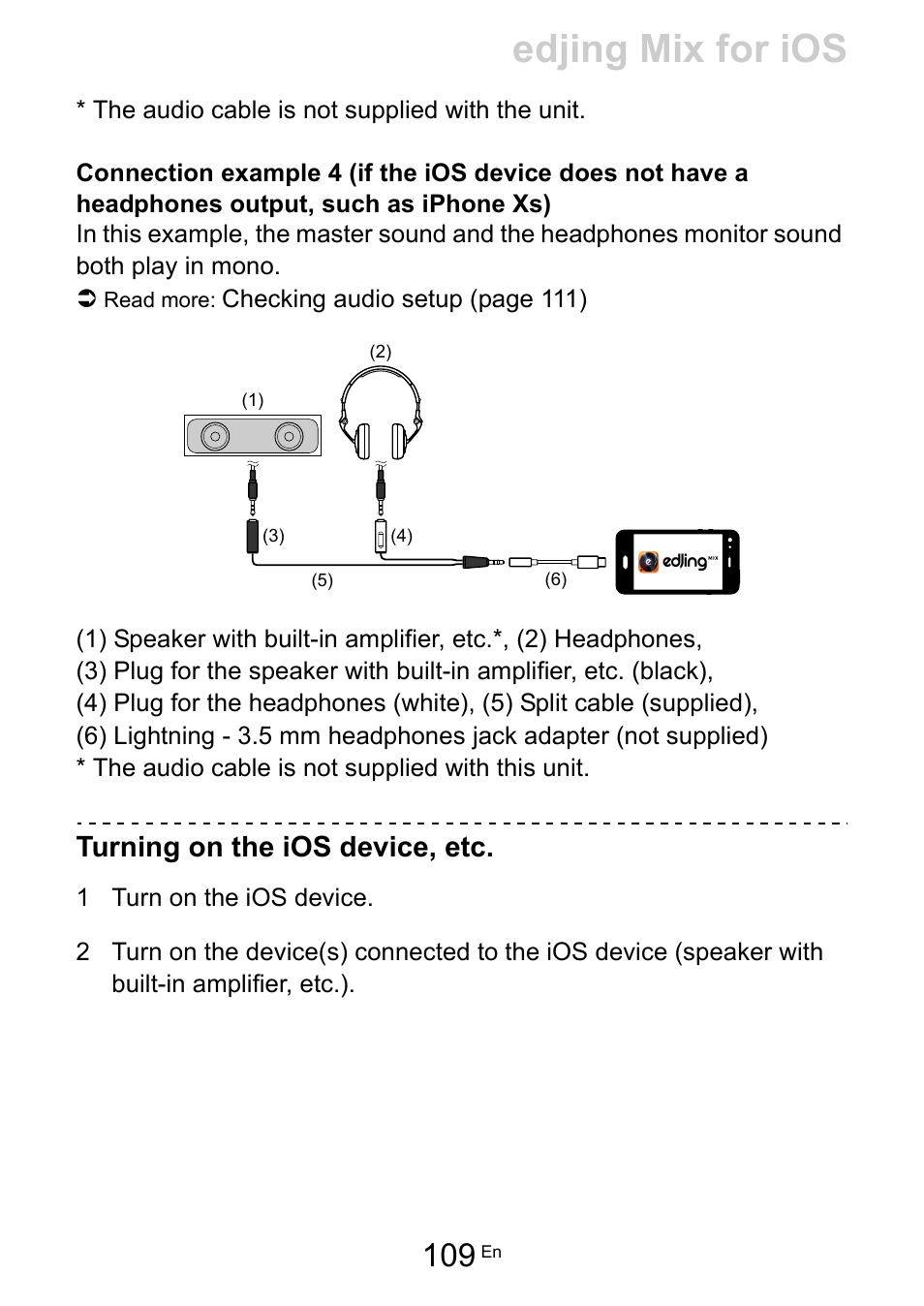 Edjing mix for ios, Turning on the ios device, etc | Pioneer Dj DDJ-200 SmDJ Controller for WeDJ and rekordbox User Manual | Page 109 / 181