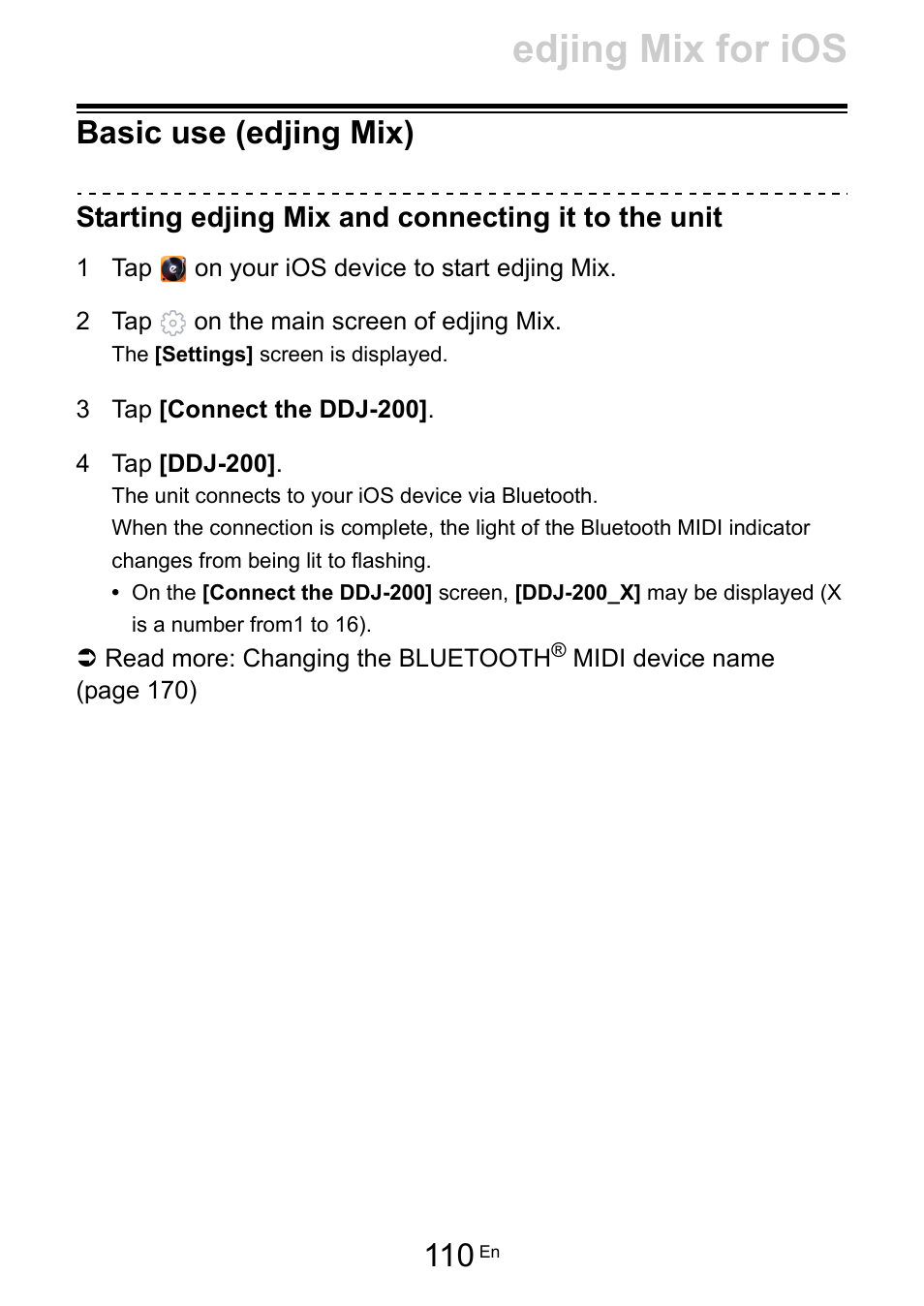 Basic use (edjing mix), Edjing mix for ios, Starting edjing mix and connecting it to the unit | Pioneer Dj DDJ-200 SmDJ Controller for WeDJ and rekordbox User Manual | Page 110 / 181