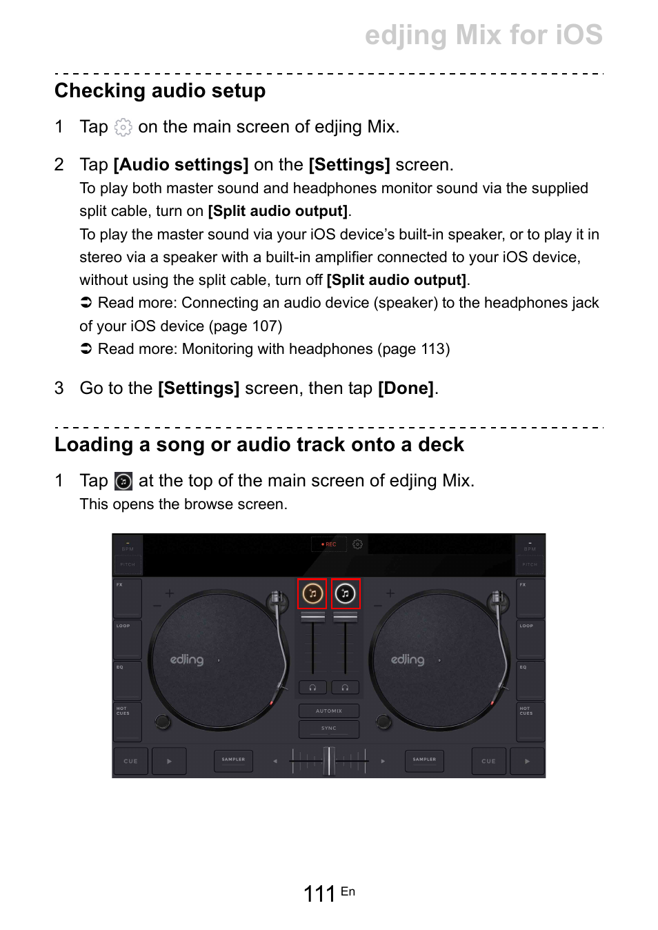 Edjing mix for ios, Checking audio setup, Loading a song or audio track onto a deck | Pioneer Dj DDJ-200 SmDJ Controller for WeDJ and rekordbox User Manual | Page 111 / 181