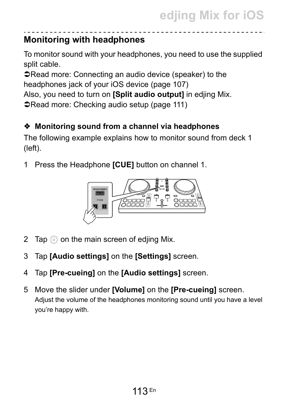 Edjing mix for ios, Monitoring with headphones | Pioneer Dj DDJ-200 SmDJ Controller for WeDJ and rekordbox User Manual | Page 113 / 181