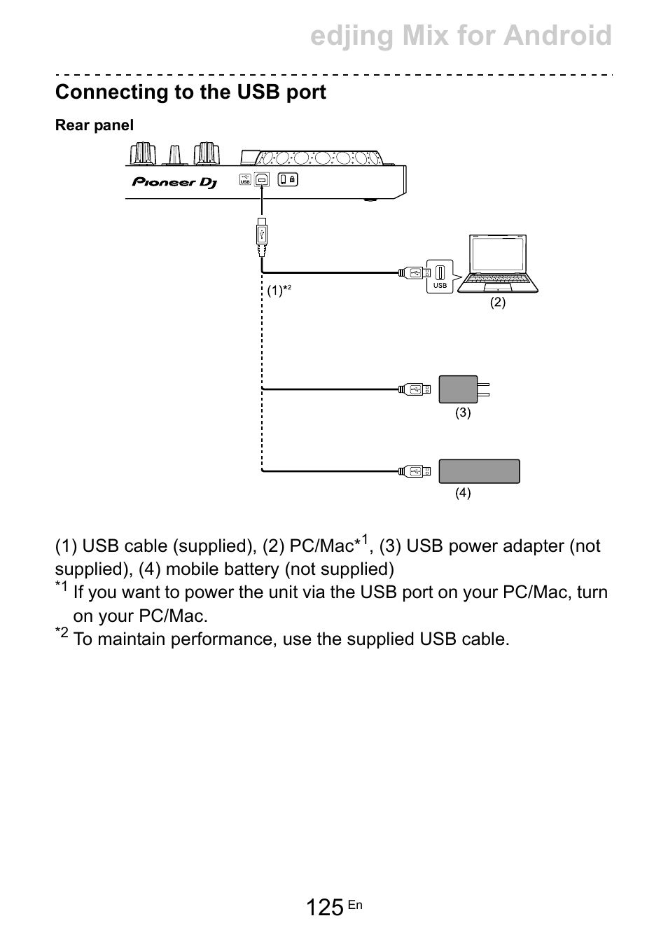 Edjing mix for android, Connecting to the usb port | Pioneer Dj DDJ-200 SmDJ Controller for WeDJ and rekordbox User Manual | Page 125 / 181