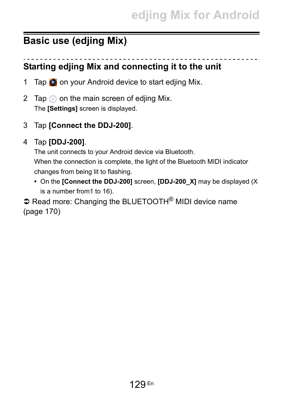 Basic use (edjing mix), Edjing mix for android, Starting edjing mix and connecting it to the unit | Pioneer Dj DDJ-200 SmDJ Controller for WeDJ and rekordbox User Manual | Page 129 / 181