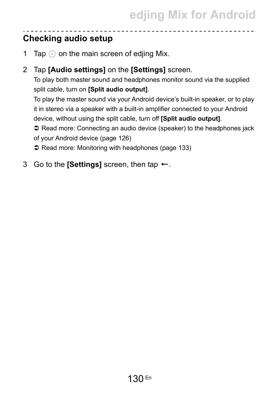 Edjing mix for android, Checking audio setup | Pioneer Dj DDJ-200 SmDJ Controller for WeDJ and rekordbox User Manual | Page 130 / 181