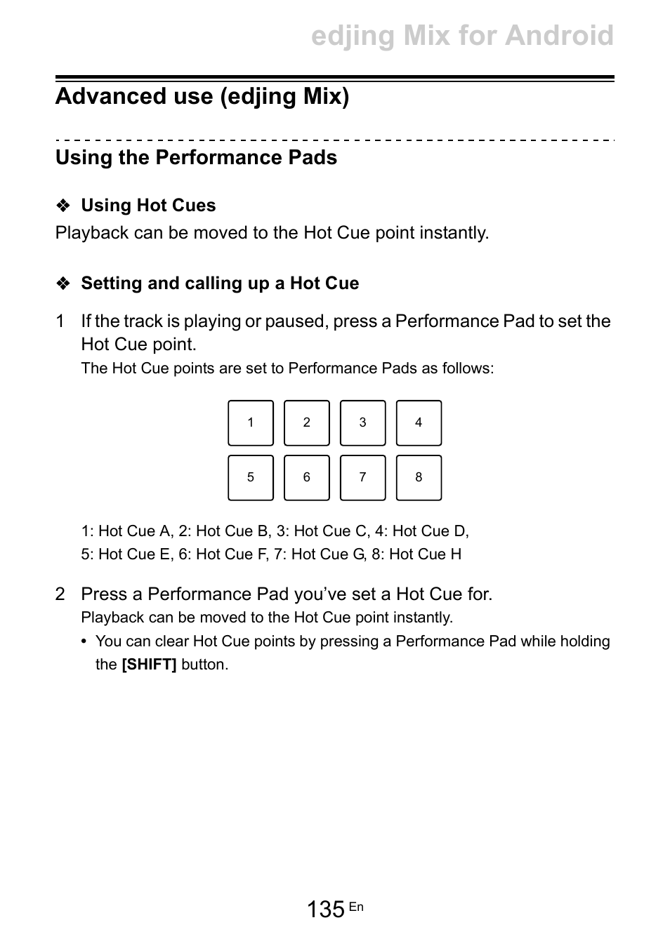 Advanced use (edjing mix), Edjing mix for android, Using the performance pads | Pioneer Dj DDJ-200 SmDJ Controller for WeDJ and rekordbox User Manual | Page 135 / 181