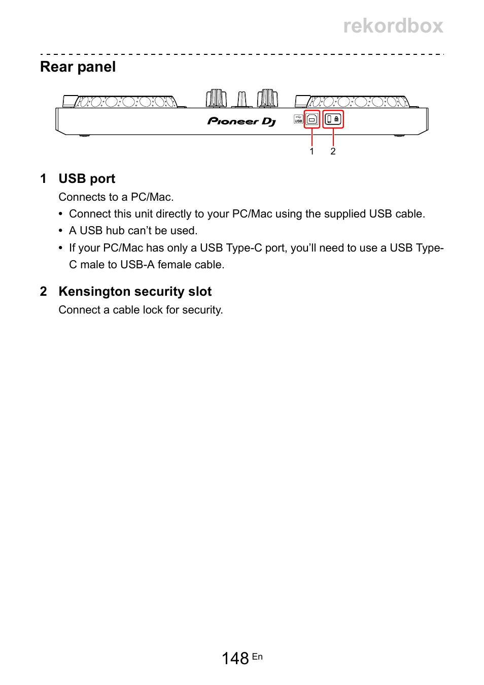 Rekordbox, Rear panel | Pioneer Dj DDJ-200 SmDJ Controller for WeDJ and rekordbox User Manual | Page 148 / 181