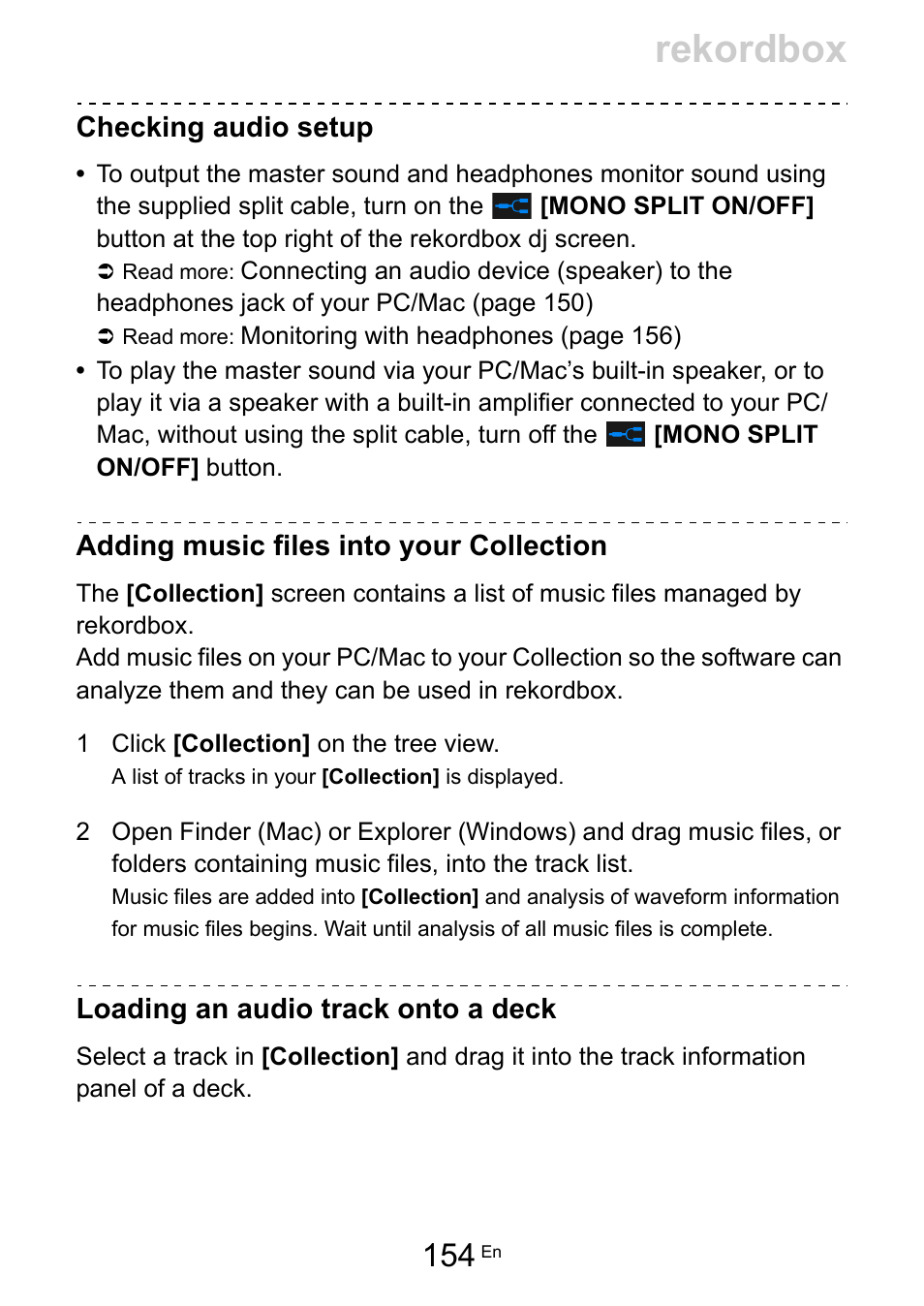 Rekordbox, Checking audio setup, Adding music files into your collection | Loading an audio track onto a deck | Pioneer Dj DDJ-200 SmDJ Controller for WeDJ and rekordbox User Manual | Page 154 / 181