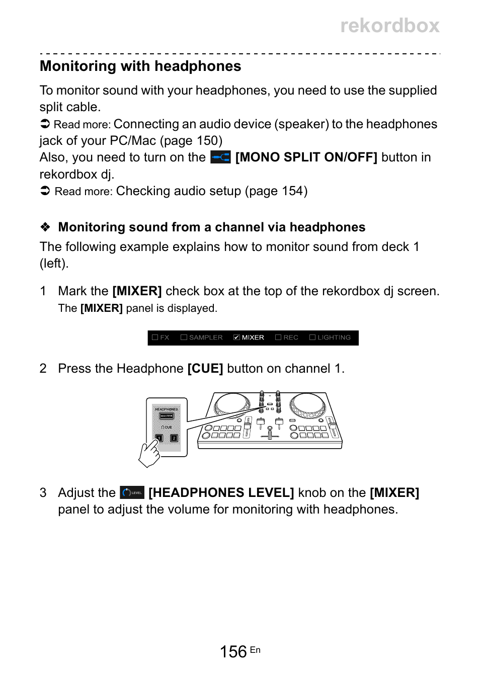 Rekordbox, Monitoring with headphones | Pioneer Dj DDJ-200 SmDJ Controller for WeDJ and rekordbox User Manual | Page 156 / 181