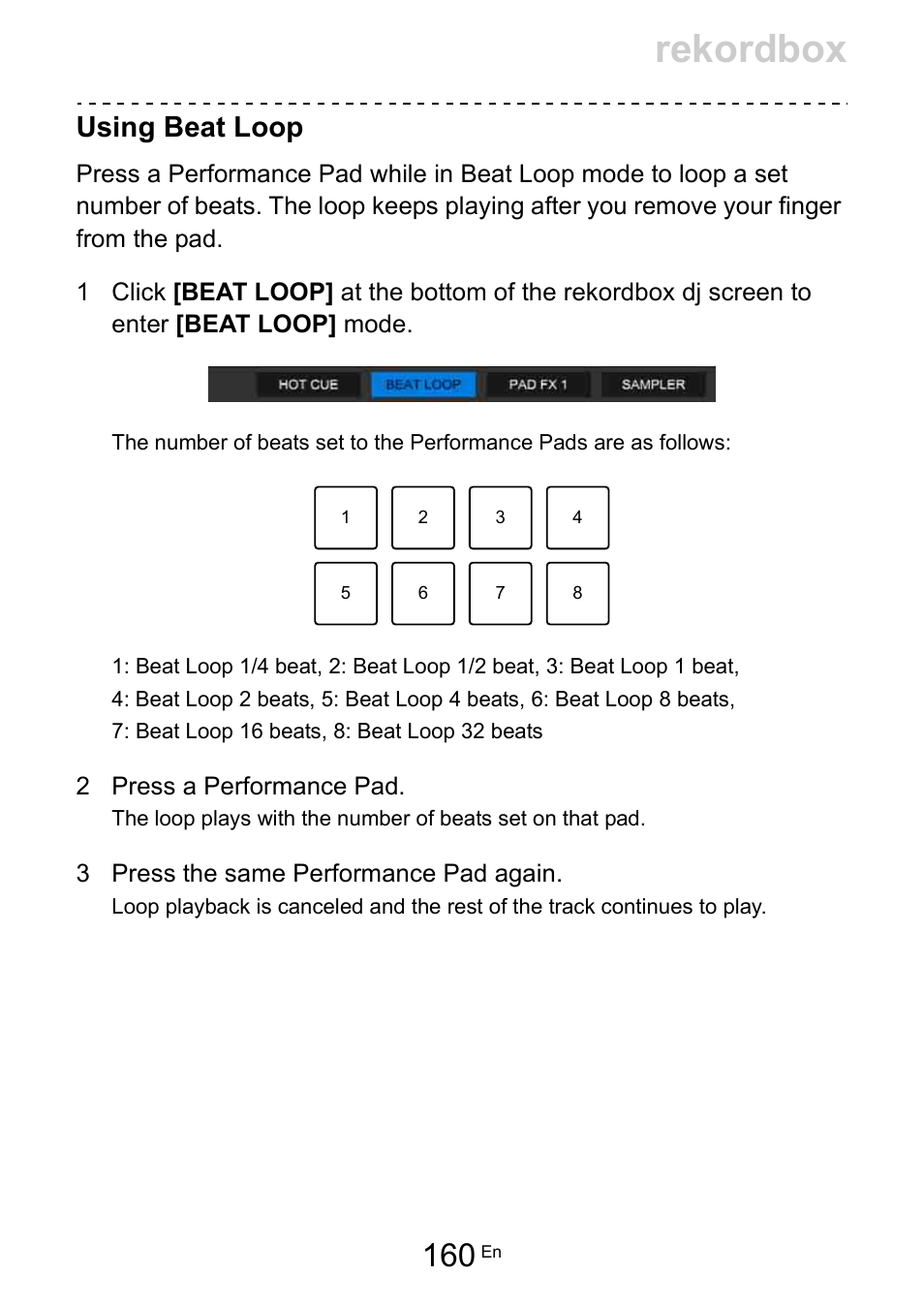 Rekordbox, Using beat loop | Pioneer Dj DDJ-200 SmDJ Controller for WeDJ and rekordbox User Manual | Page 160 / 181