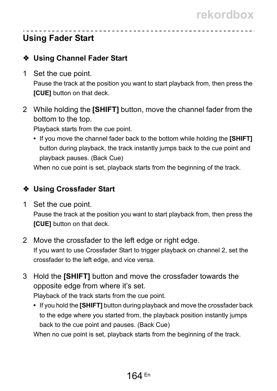 Rekordbox, Using fader start | Pioneer Dj DDJ-200 SmDJ Controller for WeDJ and rekordbox User Manual | Page 164 / 181